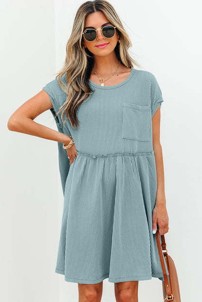 Canton Corded Knit Textured Patched Pocket Frilled Swing Mini Dress with Pockets