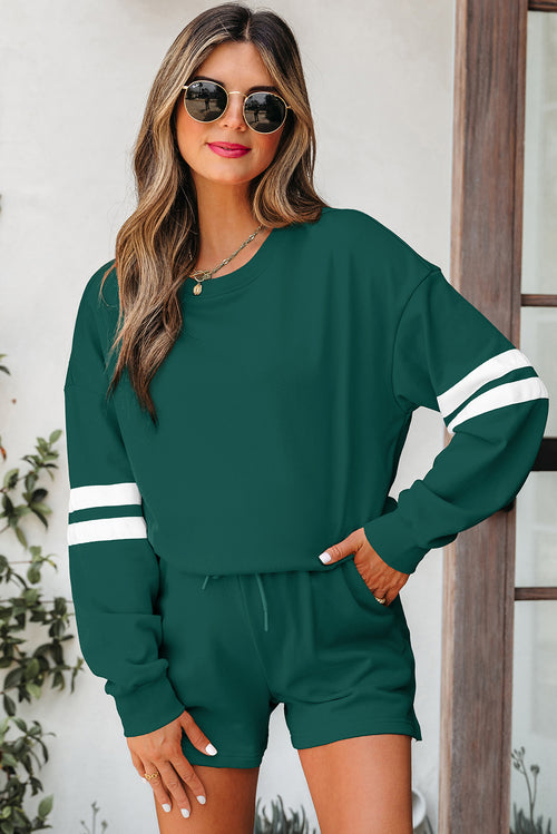Evergreen Varsity Striped Sleeve Drop Shoulder Sweatshirt and Short Set