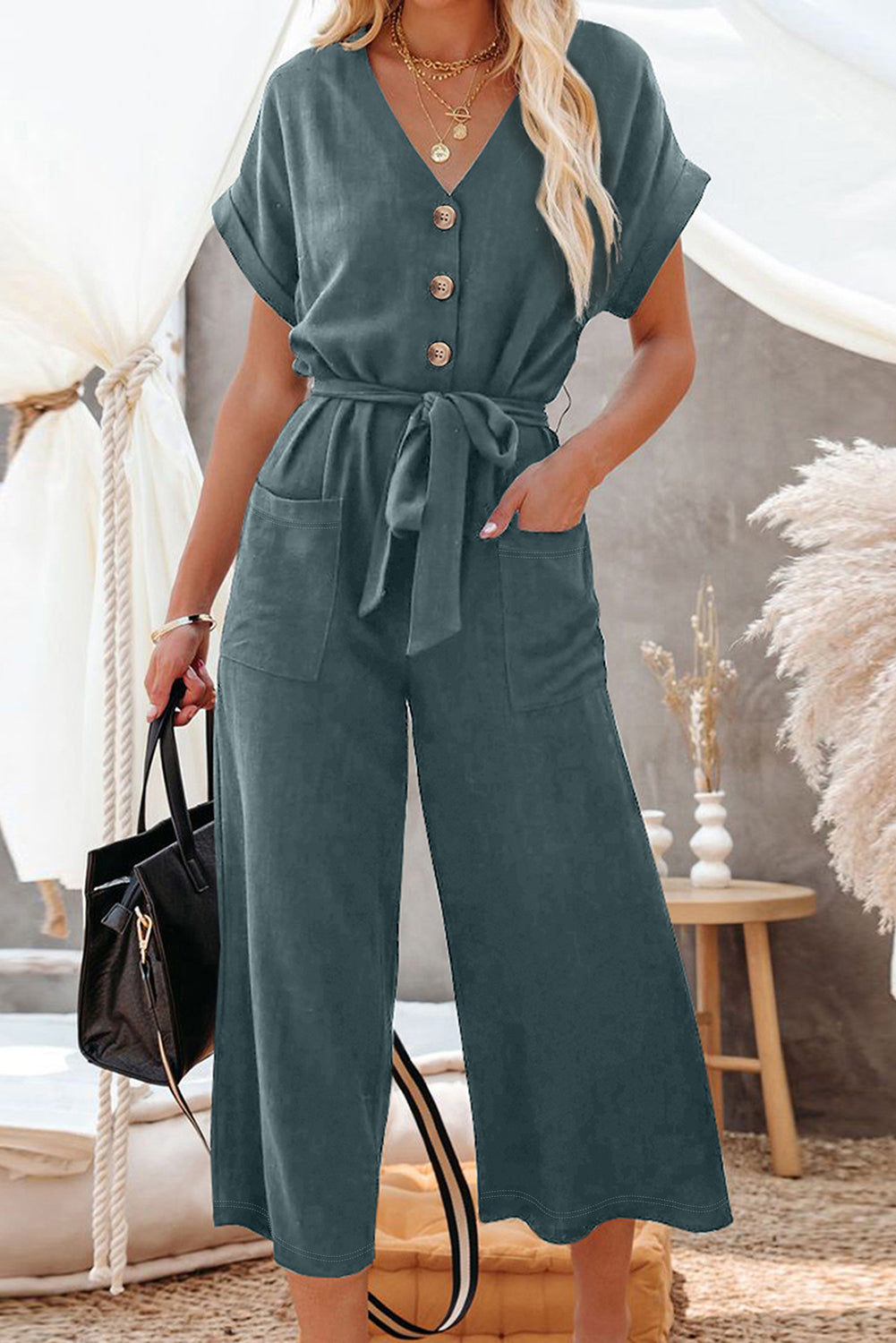 Black Dolman Button Belted V Neck Wide Leg Pocketed Jumpsuit