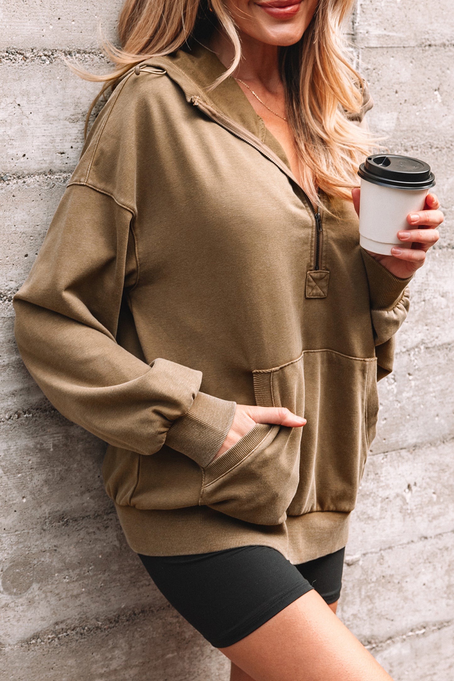 Ashleigh Blue Half Zip Kangaroo Pocket Mineral Wash Baggy Hoodie