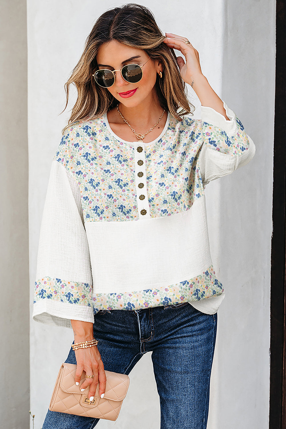 Sky Blue Floral Print Gauze Patchwork Henley Button 3/4 Sleeve Blouse