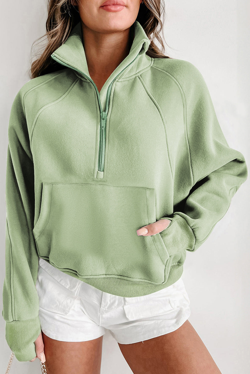 Green Fleece Lined Zip Up Stand Collar Thumbhole Sleeve Sweatshirt