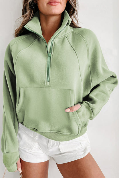 Green Fleece Lined Zip Up Stand Collar Thumbhole Sleeve Sweatshirt