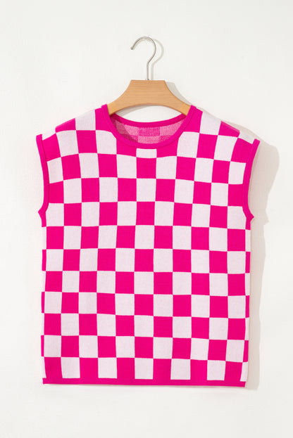 Rose Check Pattern Cap Sleeve Knitted Sweater