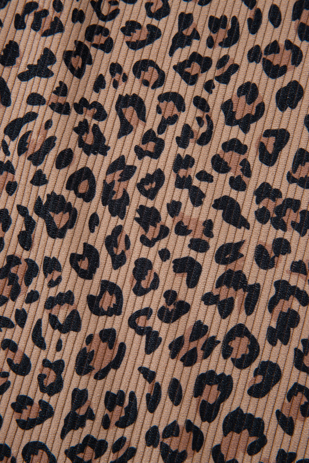 Khaki Ribbed Leopard Print Contrast Collar Zip Hooded Pullover Sweatshirt