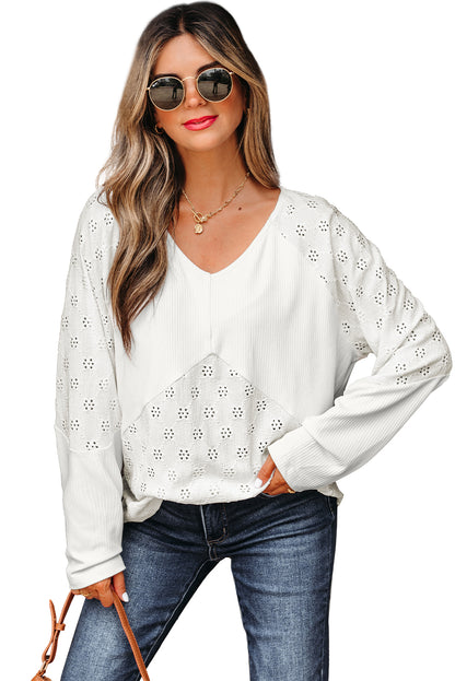 White Twisted Rib Patchwork Embroidered Loose V Neck Long Sleeve Top