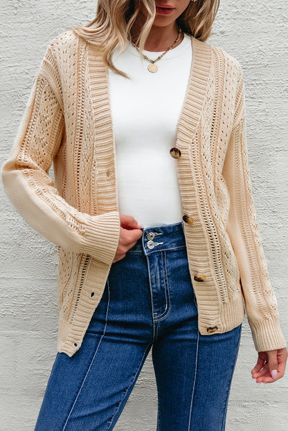 Dark Khaki Open Knit Drop Shoulder Sweater Cardigan