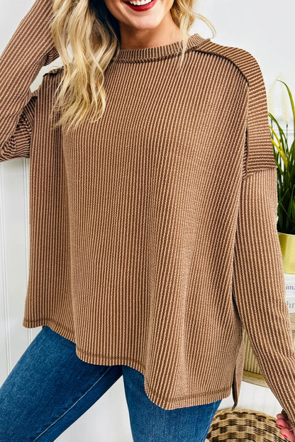 Parchment Twist Ribbed Exposed Seam Detail Long Sleeve Loose Top