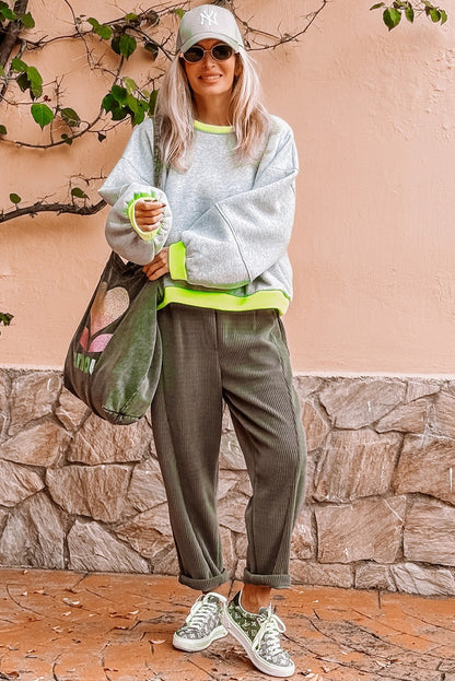 Light Grey Contrast Color Banding Patchwork Puff Sleeve Loose Sweatshirt