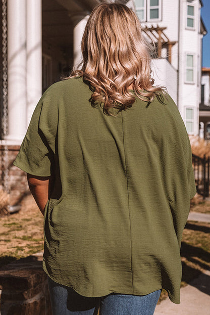 Four Leaf Clover Textured Half Sleeve V Neck Plus Size T Shirt with Chest Pocket