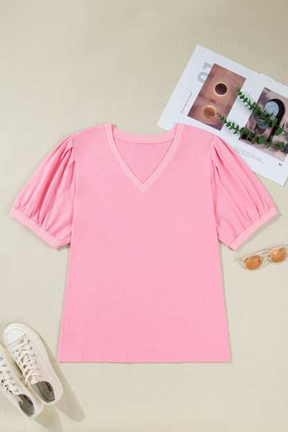 Bonbon V Neck Pleated Short Puff Sleeve Plus Size Blouse