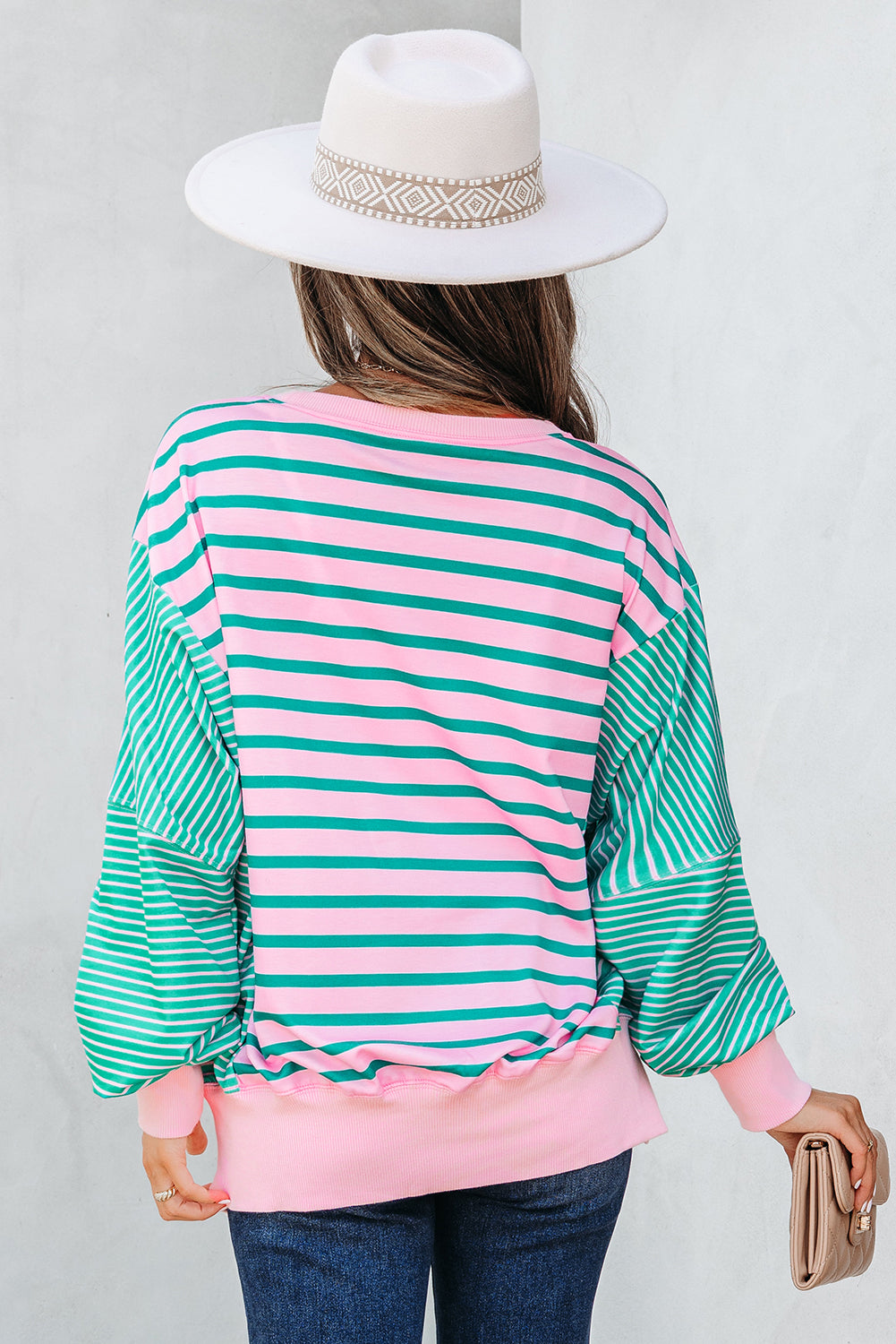 Green Stripe Mix Pattern Color Block Patchwork Side Slit Baggy Sweatshirt