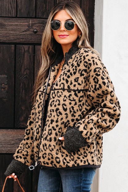 Khaki Leopard Print Zip Up Stand Neck Side Pocket Jacket