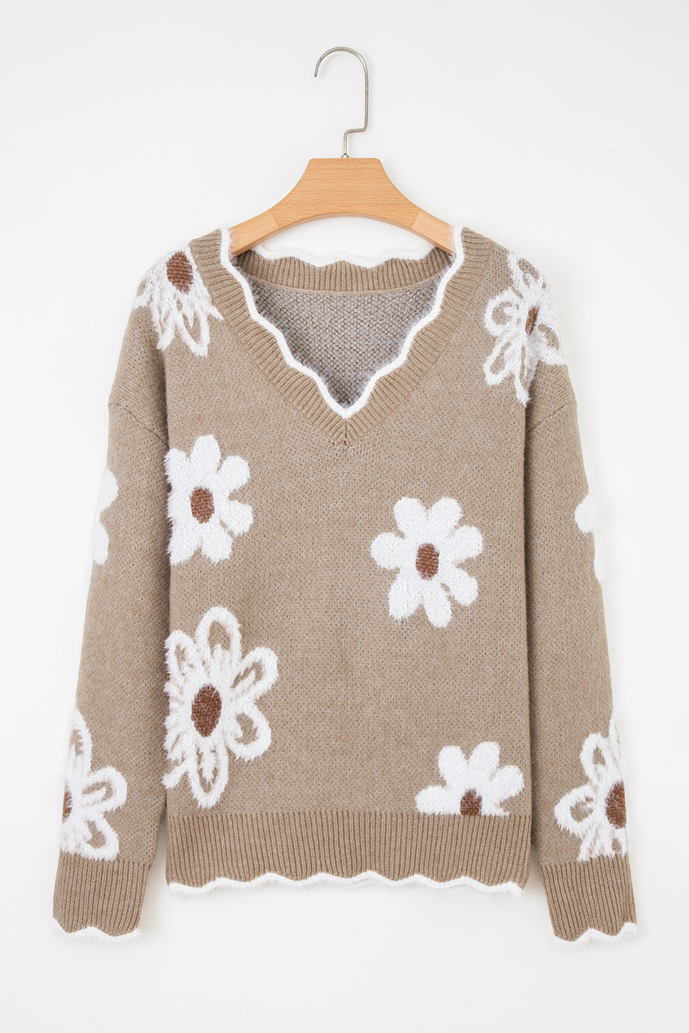Seagrass Plush Flower Pattern Scalloped Trim V Neck Sweater
