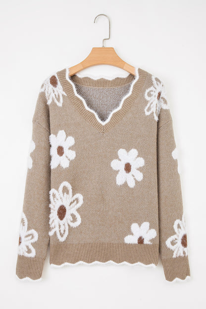 Seagrass Plush Flower Pattern Scalloped Trim V Neck Sweater