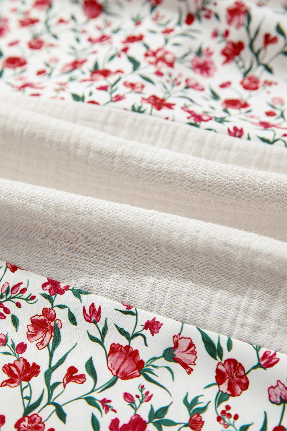 Sky Blue Floral Print Gauze Patchwork Henley Button 3/4 Sleeve Blouse