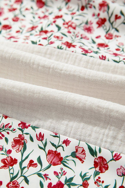 Sky Blue Floral Print Gauze Patchwork Henley Button 3/4 Sleeve Blouse