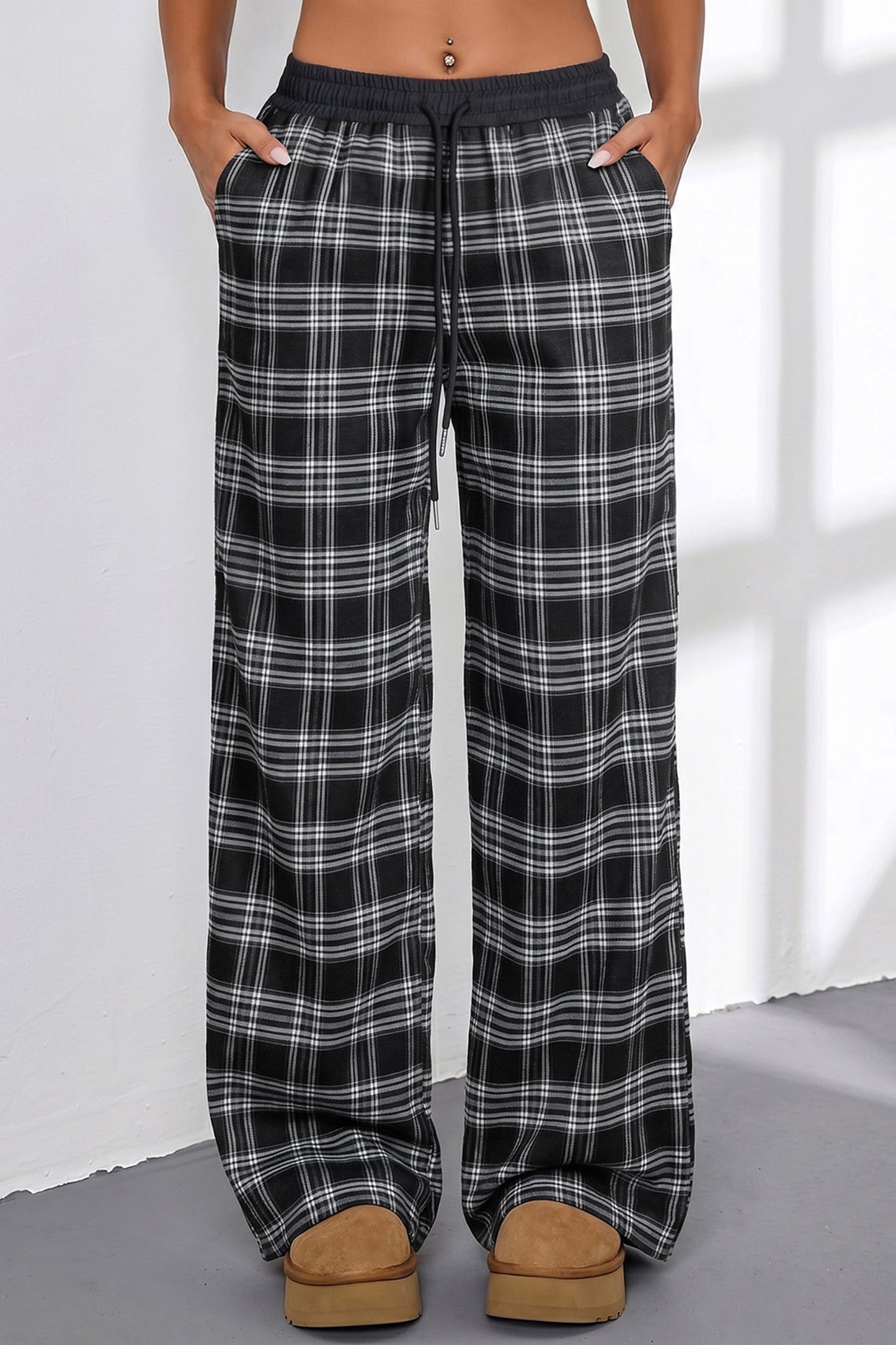 Black Frenchy Plaid Pattern Contrast Drawstring Waist Wide Leg Pants