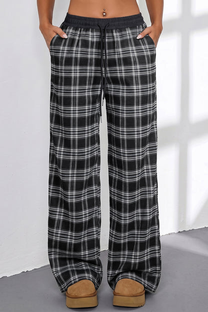 Black Frenchy Plaid Pattern Contrast Drawstring Waist Wide Leg Pants