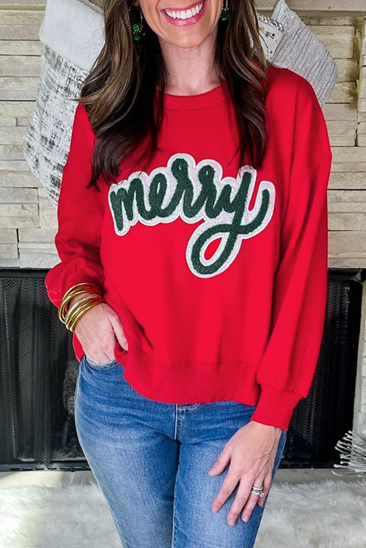 Fiery Red Merry Script Holiday Christmas Graphic Sweatshirt