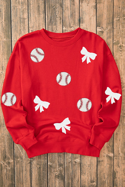 Red Sequin Baseball Bow Patched Pattern Game Day Pullover Sweatshirt