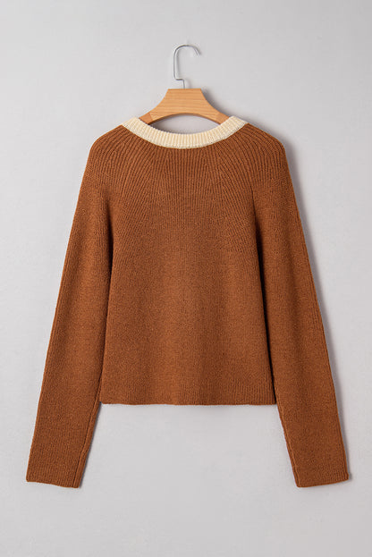 Chestnut Contrast Knit V Neckline Short Cardigan
