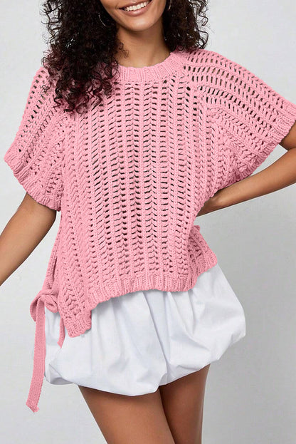 Black Plus Size Open Knit Bow Tie Short Sleeve Sweater