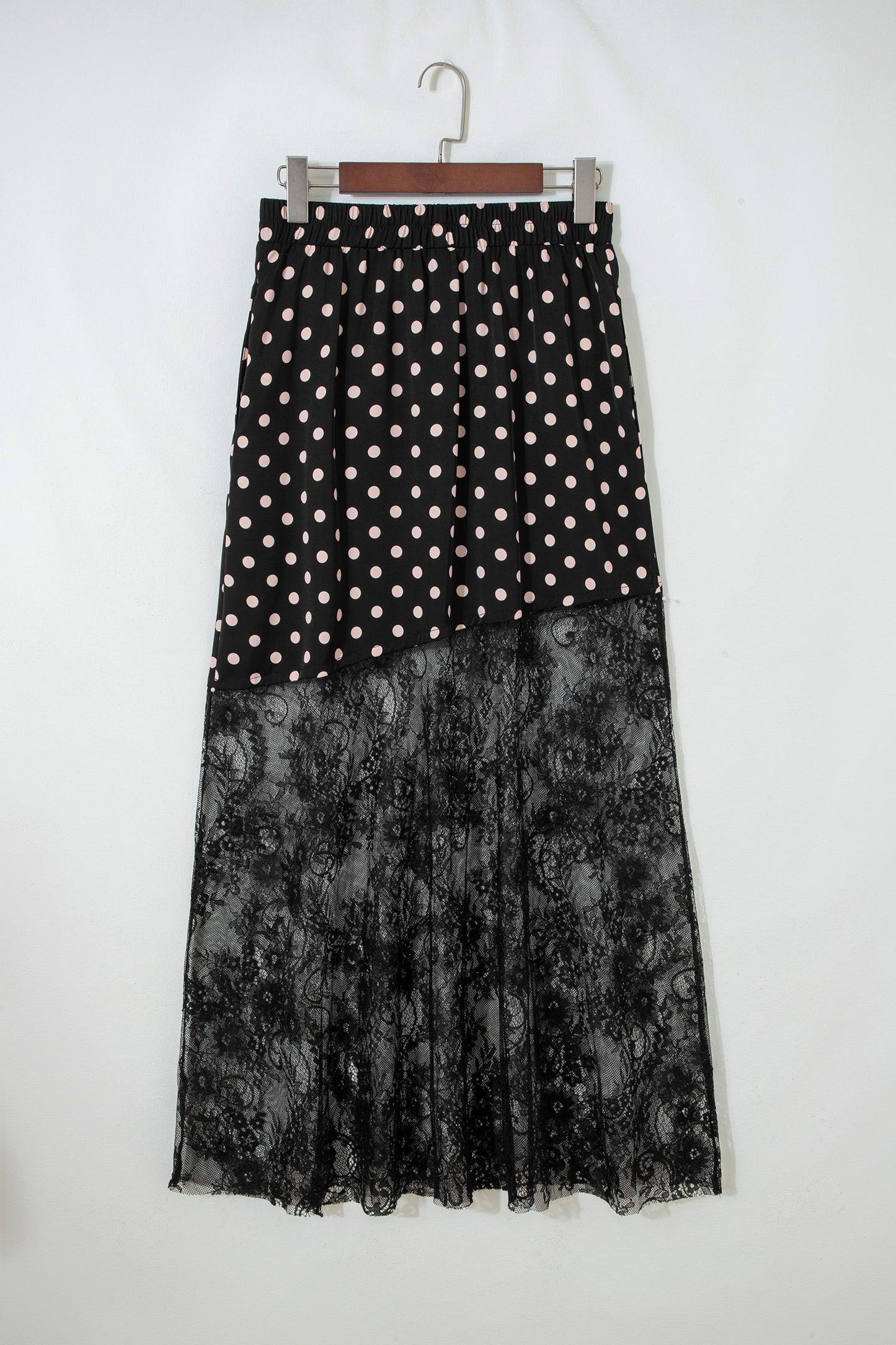 Black Asymmetric Polka Dot Print Sheer Lace Patchwork Maxi Skirt