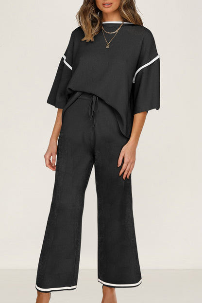 Guacamole Green Contrast Trim Half Sleeve Top Drawstring Pants Loose 2pcs Sweater Suit