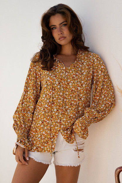 Orange Boho Floral Ruffled Bubble Sleeve V Neck Fall Blouse