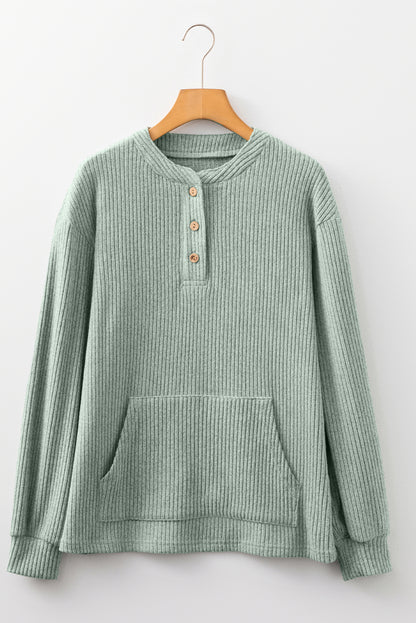 Clearly Aqua Ribbed Texture Drop Shoulder Henley Knit Top