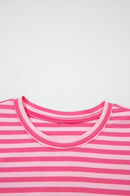 Rose Stripe Drop Shoulder Round Neck Top and Buttoned Straight Pants Two Piece Set