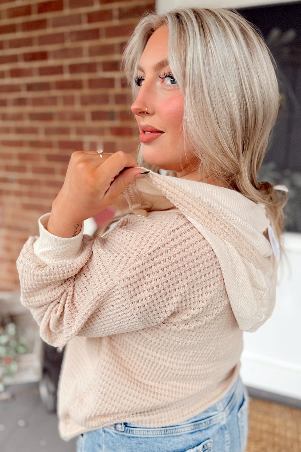 Racing Red Waffle Patchwork Drop Shoulder Hooded Long Sleeve Top