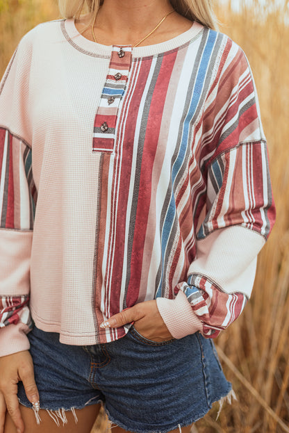 Beige Striped Waffle Patchwork Exposed Seam Raw Edge Casual Knit Top