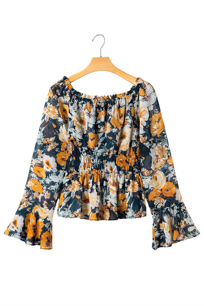 Blue Floral Off Shoulder Bell Sleeve Smocked Peplum Top
