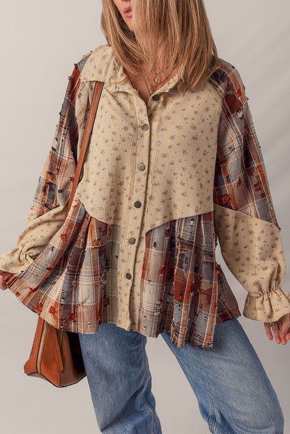 Ashleigh Blue Boho Floral Plaid Patchwork Distressed Detail Ruffled Sleeve Waffle Knit Shacket