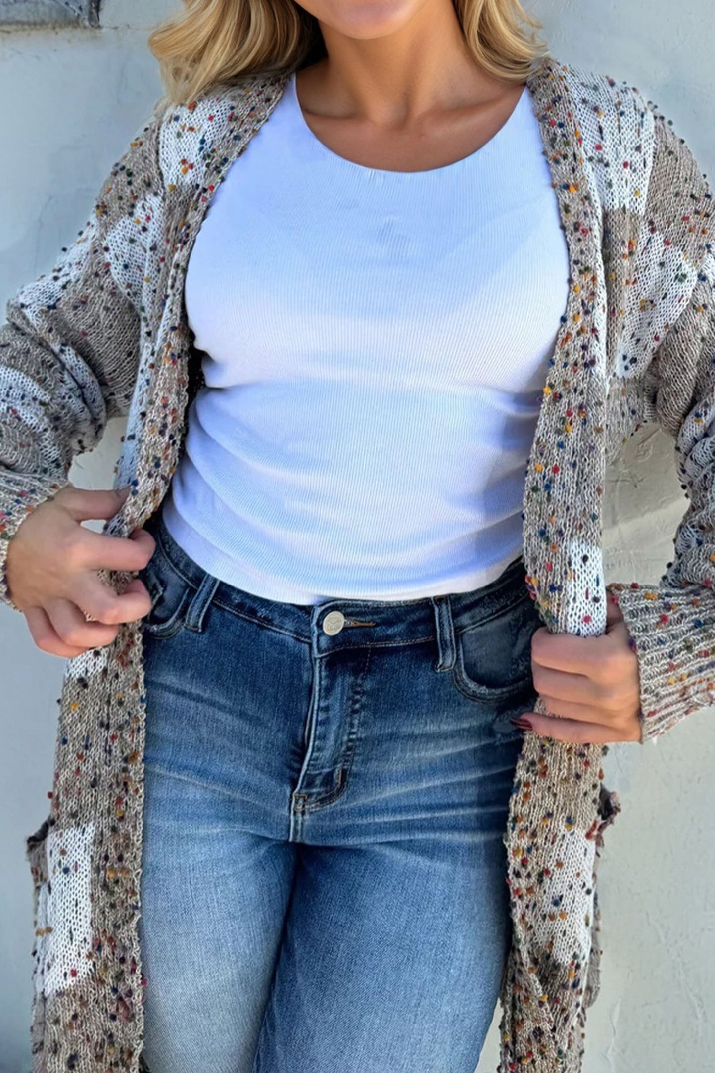 Brown Confetti Dot Checkered Print Open Cardigan with Pockets