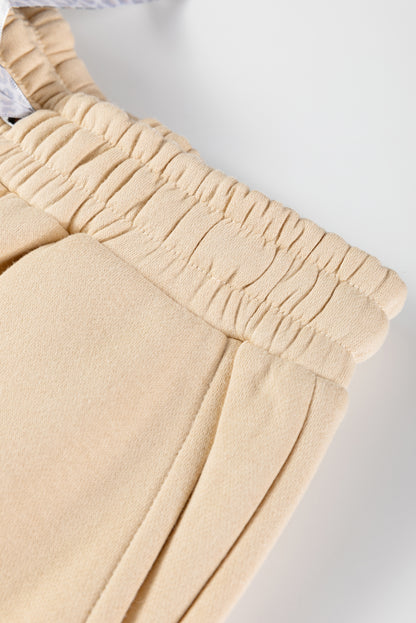 Oatmeal Fleece Lined Leopard Drawstring Elastic Waist Solid Pants