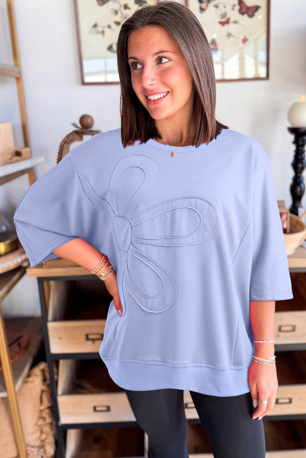 Clearly Aqua Floral Patched Half Sleeve Tunic Top