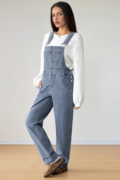 Dark Blue Retro Bib Pocket Buckle Straps Casual Denim Jumpsuit