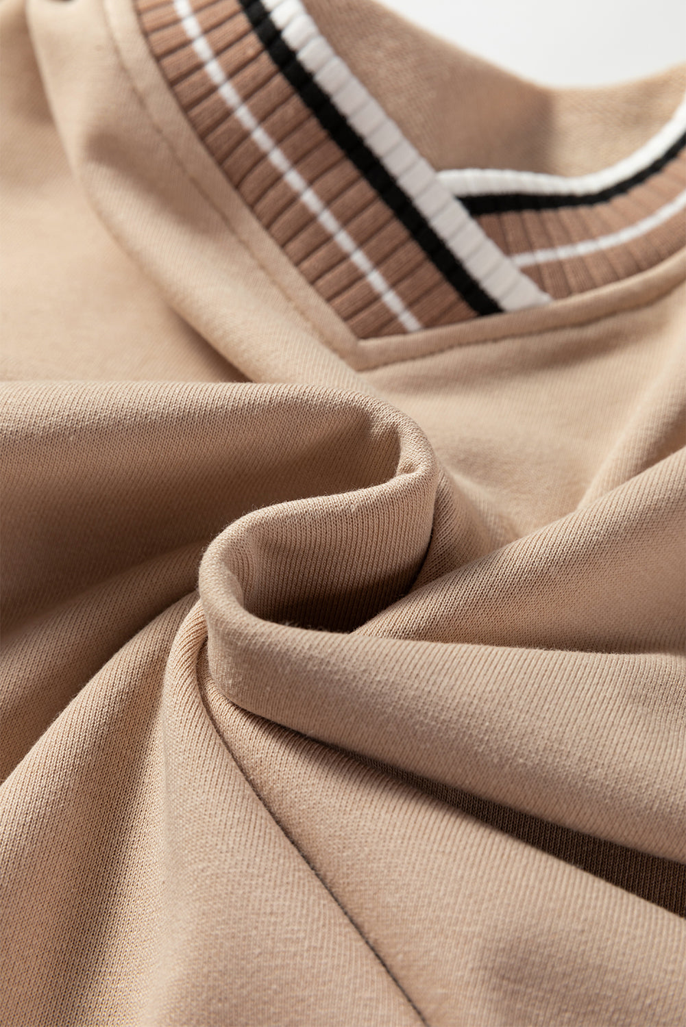 Parchment Varsity Contrast Striped Trim V Neck Sweatshirt