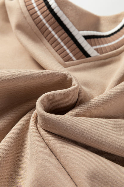 Parchment Varsity Contrast Striped Trim V Neck Sweatshirt