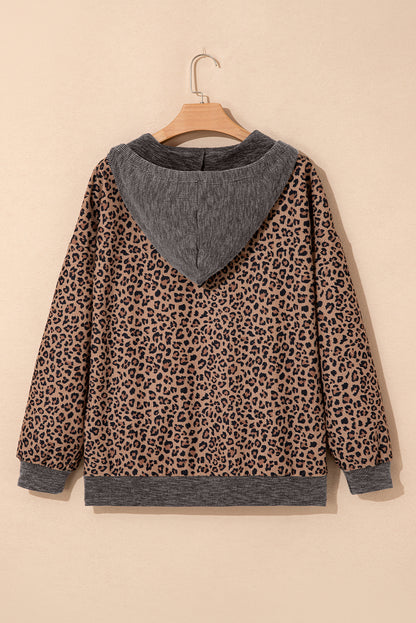 Khaki Ribbed Leopard Print Contrast Collar Zip Hooded Pullover Sweatshirt