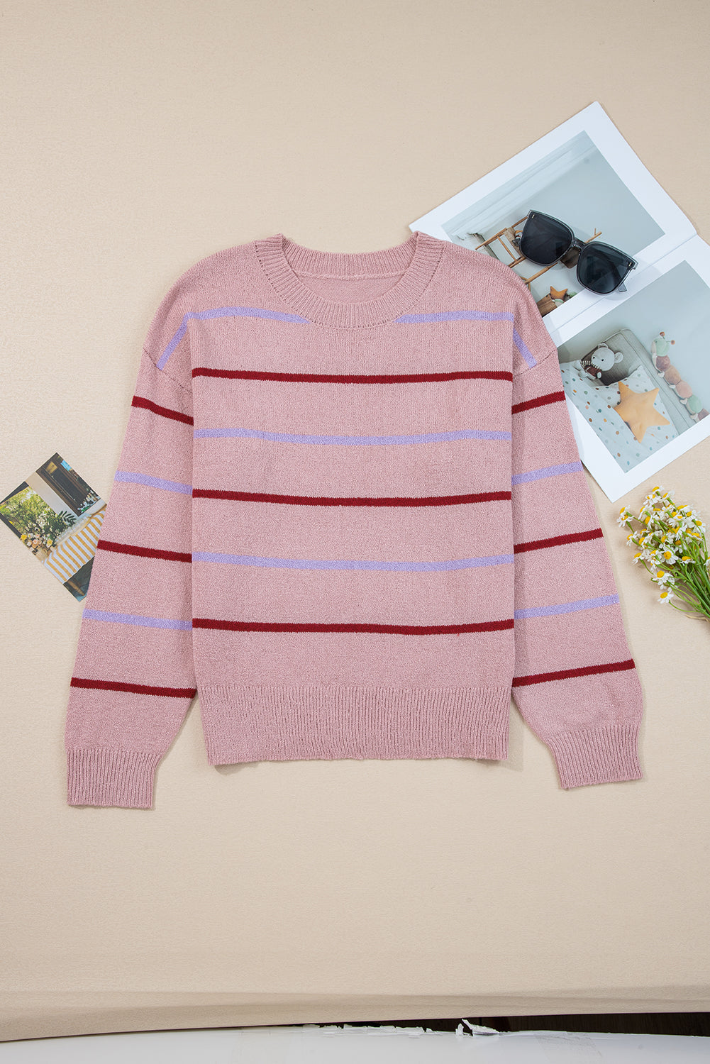 Pink Stripe Ribbed Edge Drop Shoulder Sweater