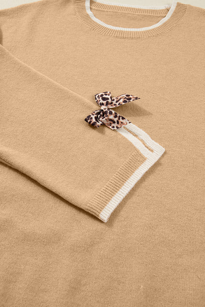 Tan Plus Size Leopard Bow Decor Split Cuffs Loose Sweater