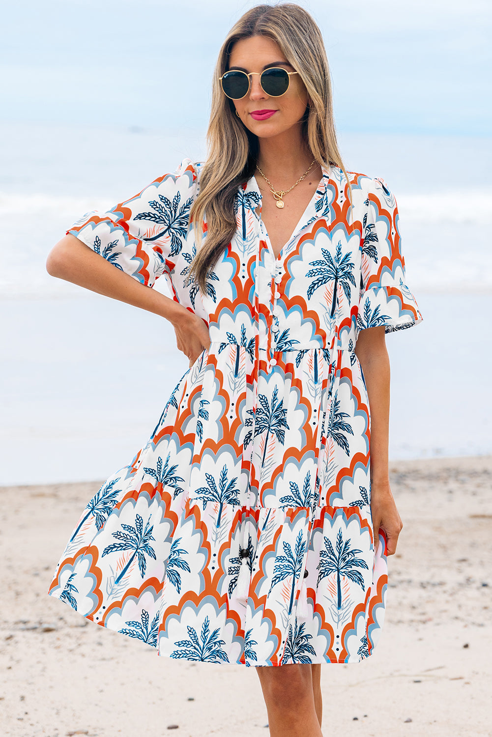 Orange Contrast Palm Tree Printed Short Sleeve Flowy Dress
