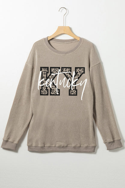 Khaki Kentucky KY Leopard Lettering Ribbed Baggy Sweatshirt