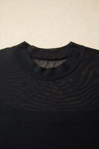 Black Plus Size Sheer Mesh Panel Short Sleeve Top