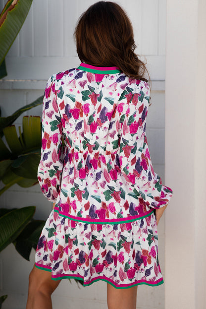 Purple Floral Print Contrast Striped Detail Long Sleeve Mini Dress
