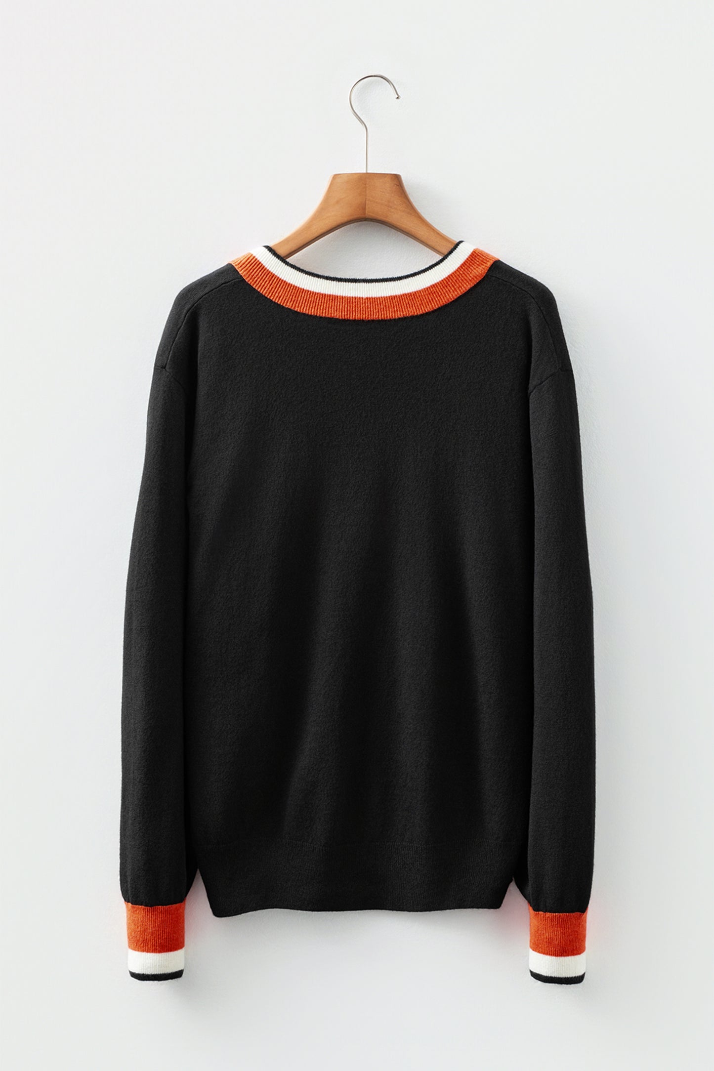 Black Contrast Striped Trim V Neck Varsity Sweater